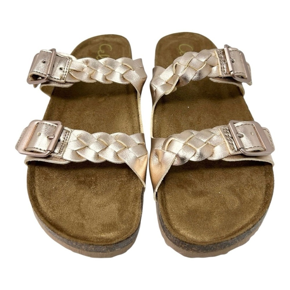 Celia Bina Rose Gold Metallic Braided Double Buckle Cork Slide Sandals Size 8